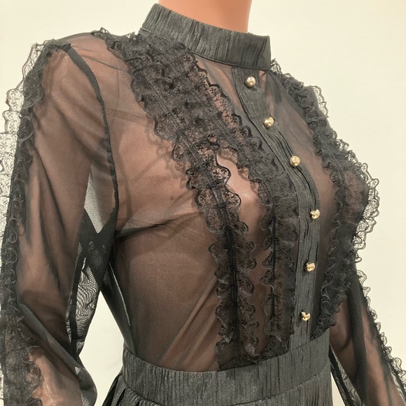 CBR Dresses & Skirts - CBR Black Lace Sheer Button Down Long Sleeve Cocktail Evening Dress XL